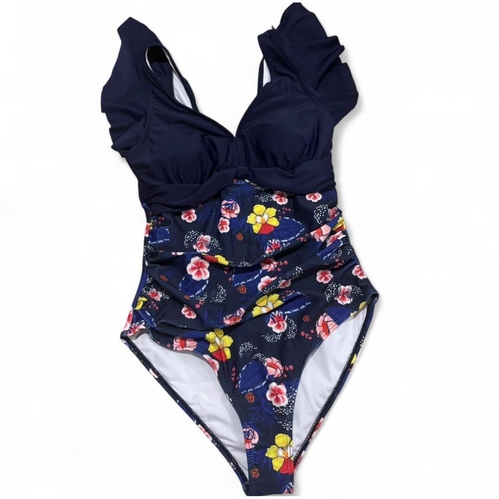 Binlowis Women Floral One Piece Swimsuit Navy Blue Ruffle V-Neck Ruche Small NEW